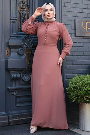 Düğme Detaylı Taba Tesettür Elbise 2703TB