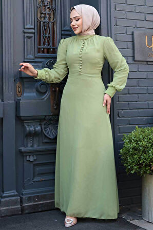 Düğme Detaylı Fıstık Yeşili Tesettür Elbise 2703FY