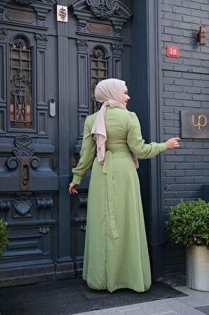 Düğme Detaylı Fıstık Yeşili Tesettür Elbise 2703FY