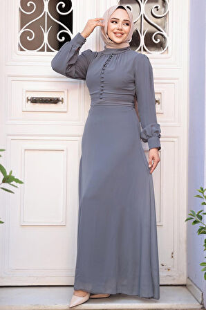 Düğme Detaylı Füme Tesettür Elbise 2703FU