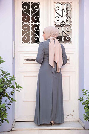 Düğme Detaylı Füme Tesettür Elbise 2703FU