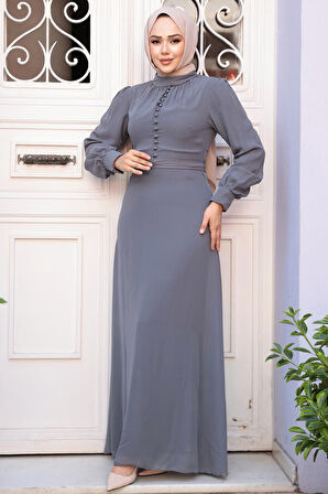 Düğme Detaylı Füme Tesettür Elbise 2703FU
