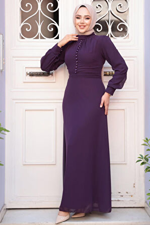 Düğme Detaylı Koyu Mürdüm Tesettür Elbise 2703KMU