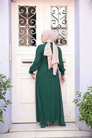 Düğme Detaylı Koyu Yeşil Tesettür Elbise 2703KY