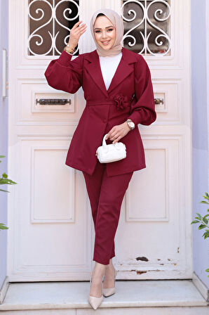 Ceketli Bordo Tesettür İkili Takım 61851BR
