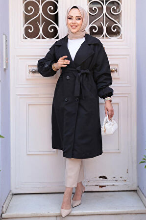 Kemerli Siyah Tesettür Trençkot 62181S