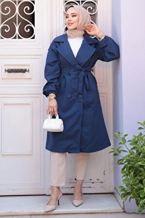 Kemerli Lacivert Tesettür Trençkot 62181L