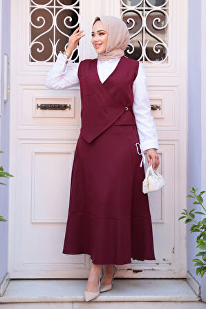 Bordo Tesettür Etekli İkili Takım 75471BR