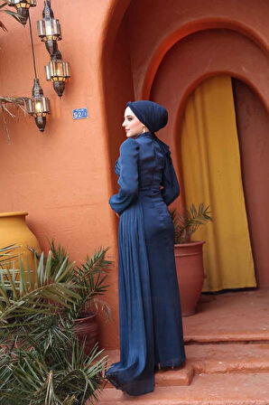 Drape Detaylı Koyu İndigo Mavisi Tesettür Abiye Elbise 52585KIM