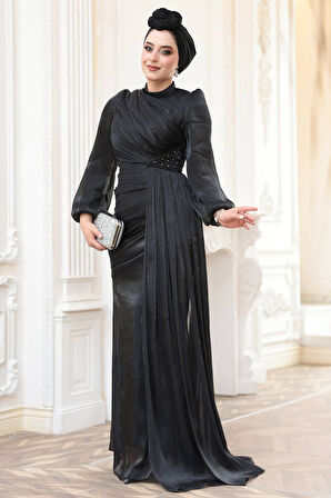 Drape Detaylı Siyah Tesettür Abiye Elbise 52585S