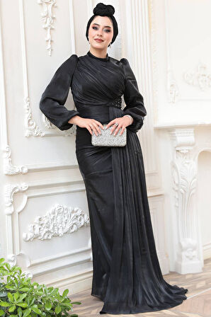 Drape Detaylı Siyah Tesettür Abiye Elbise 52585S