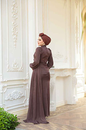 Drape Detaylı Kahverengi Tesettür Abiye Elbise 52585KH