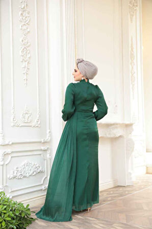 Drape Detaylı Yeşil Tesettür Abiye Elbise 52585Y