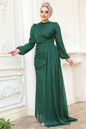 Drape Detaylı Yeşil Tesettür Abiye Elbise 52585Y