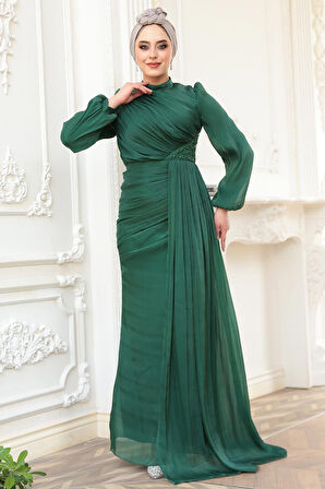 Drape Detaylı Yeşil Tesettür Abiye Elbise 52585Y