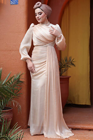 Drape Detaylı Bisküvi Tesettür Abiye Elbise 52585BS