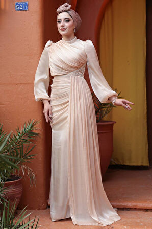 Drape Detaylı Bisküvi Tesettür Abiye Elbise 52585BS