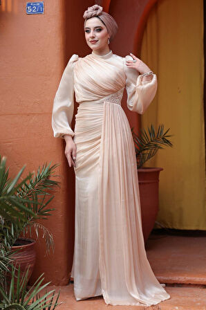Drape Detaylı Bisküvi Tesettür Abiye Elbise 52585BS
