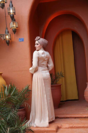 Drape Detaylı Bisküvi Tesettür Abiye Elbise 52585BS