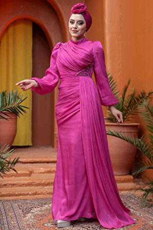Drape Detaylı Fuşya Tesettür Abiye Elbise 52585F