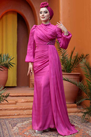 Drape Detaylı Fuşya Tesettür Abiye Elbise 52585F