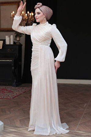 Drape Detaylı Bej Tesettür Abiye Elbise 52585BEJ