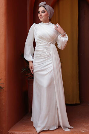 Drape Detaylı Beyaz Tesettür Abiye Elbise 52585B