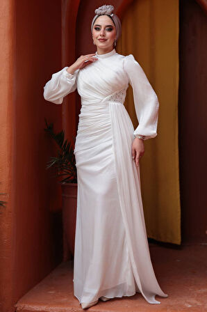 Drape Detaylı Beyaz Tesettür Abiye Elbise 52585B