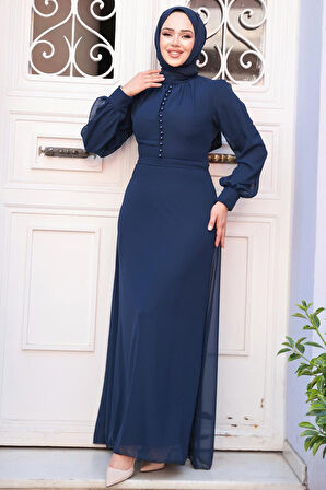 Düğme Detaylı Lacivert Tesettür Elbise 2703L