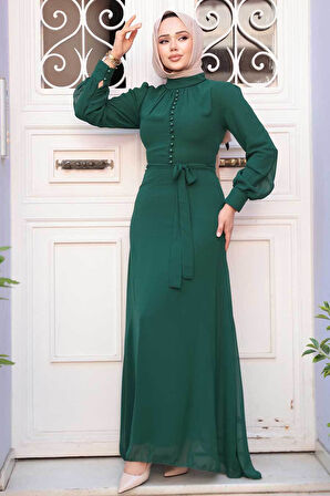 Düğme Detaylı Zümrüt Yeşili Tesettür Elbise 2703ZY