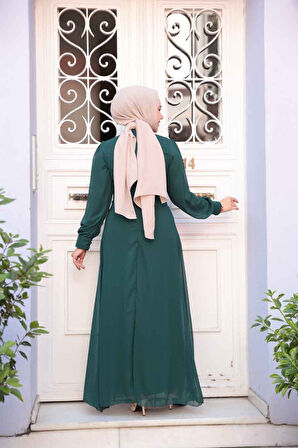Düğme Detaylı Zümrüt Yeşili Tesettür Elbise 2703ZY
