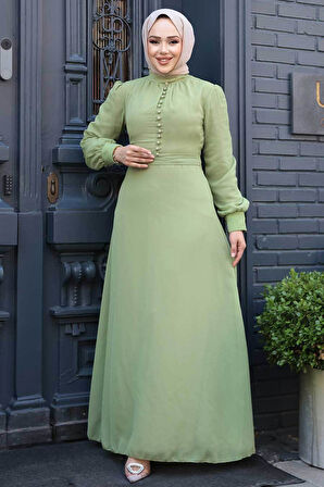 Düğme Detaylı Fıstık Yeşili Tesettür Elbise 2703FY