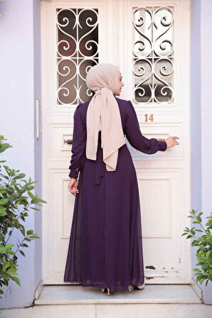 Düğme Detaylı Koyu Mürdüm Tesettür Elbise 2703KMU