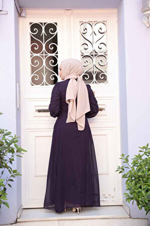 Düğme Detaylı Koyu Mor Tesettür Elbise 2703KMOR