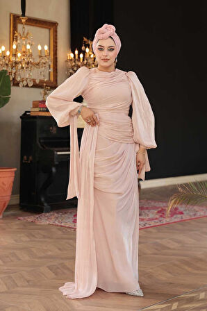 Kuyruk Detaylı Pudra Tesettür Abiye Elbise 48491PD