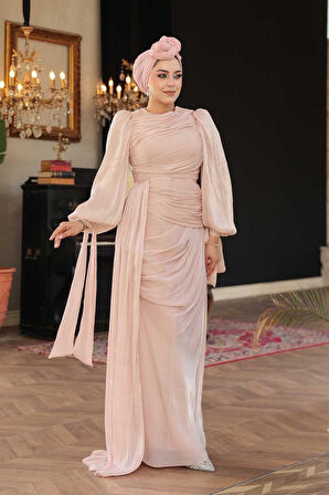 Kuyruk Detaylı Pudra Tesettür Abiye Elbise 48491PD