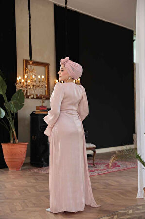 Kuyruk Detaylı Pudra Tesettür Abiye Elbise 48491PD