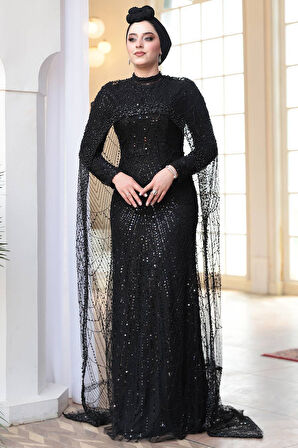 Pelerin Detaylı Boncuk İşlemeli Siyah Tesettür Abiye Elbise 51841S