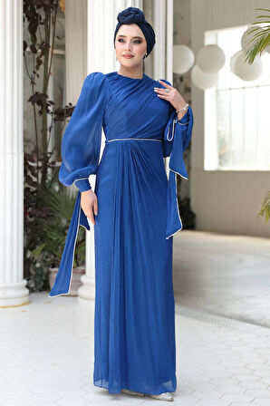Drape Detaylı Sax Mavisi Tesettür Abiye Elbise 50193SX