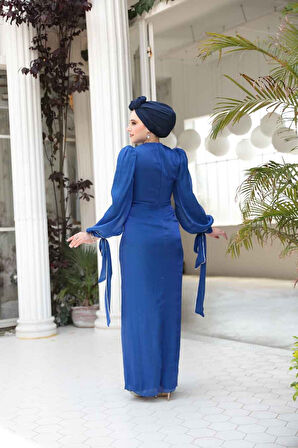 Drape Detaylı Sax Mavisi Tesettür Abiye Elbise 50193SX