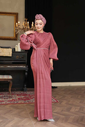 Drape Detaylı Koyu Gül Kurusu Tesettür Abiye Elbise 50193KGK