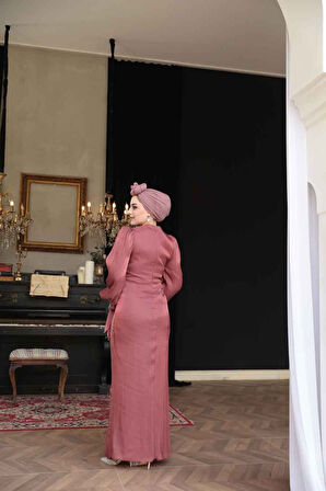 Drape Detaylı Koyu Gül Kurusu Tesettür Abiye Elbise 50193KGK