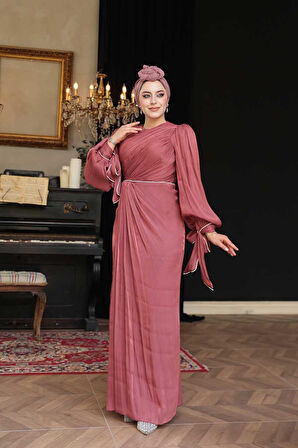 Drape Detaylı Koyu Gül Kurusu Tesettür Abiye Elbise 50193KGK