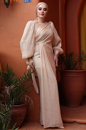 Drape Detaylı Koyu Bej Tesettür Abiye Elbise 50193KBEJ