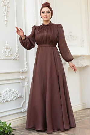 Drape Detaylı Kahverengi Tesettür Abiye Elbise 51072KH