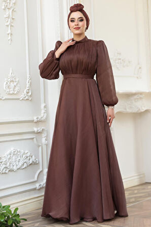 Drape Detaylı Kahverengi Tesettür Abiye Elbise 51072KH