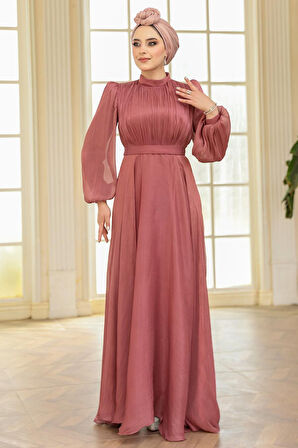 Drape Detaylı Gül Kurusu Tesettür Abiye Elbise 51072GK