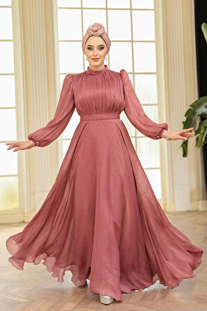 Drape Detaylı Gül Kurusu Tesettür Abiye Elbise 51072GK