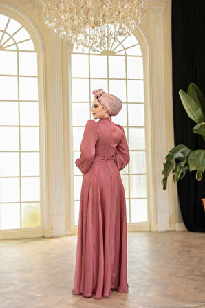 Drape Detaylı Gül Kurusu Tesettür Abiye Elbise 51072GK