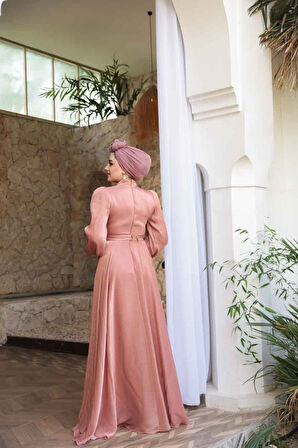 Drape Detaylı Pudra Tesettür Abiye Elbise 51072PD